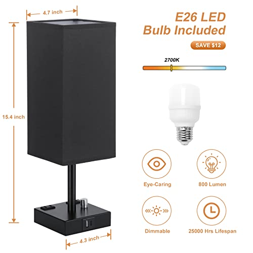 Black Fully Dimmable Nightstand Lamps Set Of 2 - Table Bedside Lamp With Usb C+A Charging Ports & 2 Ac Outlets, Square Lamp Sets Linen Fabric Shade For Bedroom Living Room(Bulb Included) #TOP4