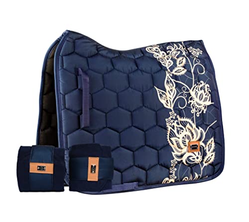 DotiBel Set de 2 pièces: Bandages/Bandes Polaires (Bleu Marine) + Tapis de Selle en Bleu Marine avec Une Bande Beige à Motif Dentelle Fine (Full-DL/DRE) Cover