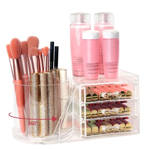 AUOIKK Clear Makeup Organizer with Drawers & Rotating Brush Holder - Large Capacity Cosmetic Display Cases Storage for Vanity, Countertop, Bathroom, Lipstick and Skincare Organization