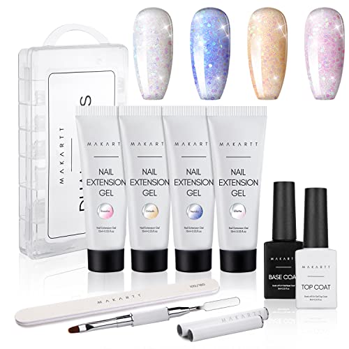 Makartt Glitter Poly Nail Gel Kit A Fairy Gathering Set 4 Colors Shimmers Hard Gel Transparent Gel Nail Kit for Women Sequins Clear Builder Nail Gel Kit Home DIY Nail Art Professional Nail Salon