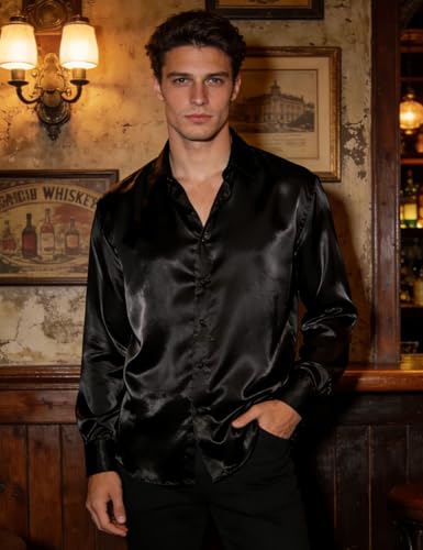 Image of Hi-Tie Men's Silk Satin Dress Shirts Long Sleeve Shiny Casual Button Up Shirts Luxury Party Disco Prom Wedding Shirt