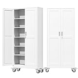 AUEYTVR 75' Tall Metal Garage Storage Cabinet with Wheels and Locking Doors and Tall Rolling Steel Tool Cabinet with 5 Adjustable Shelves for Garage,Home,Office,Shop (White)