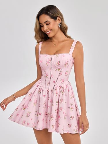 Image of KUTUMAI Floral Corset Mini Dress Summer Flowy A Line Smocked Short Dresses for Women 2025 Sundress with Pockets