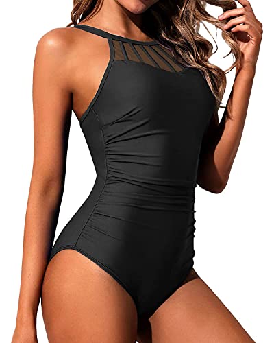Holipick Solid Black Women High Neck One Piece Swimsuit Tummy Control Halter Slimming Bathing Suit Mesh Swimwear For Teen Girls M(Us 8-10) #TOP3