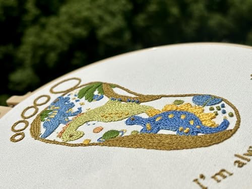 Image of mozhijing Dinosaurs Embroidery Kit for Beginners, Handmade Embroidery Gift for Newborn Boy, Embroidery Hoops, Fabric, Patterns, Floss, Needles, Needlepoint Cross Stitching Supplies