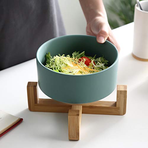 Tigela de salada para almoço, tigela criativa de cerâmica com suporte de madeira de bambu, utensílio