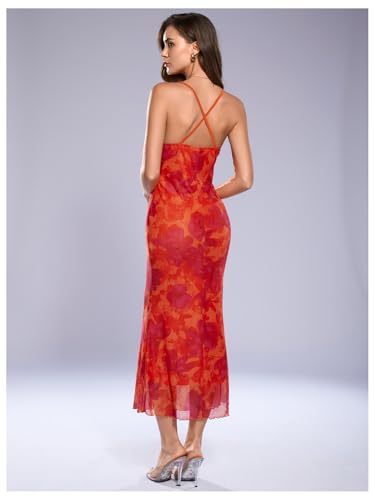 Image of SOLY HUX Women's Floral Mesh Bodycon Cami Dress Cowl Neck Sleeveless Cocktail Party Wedding Guest Long Maxi Dresses