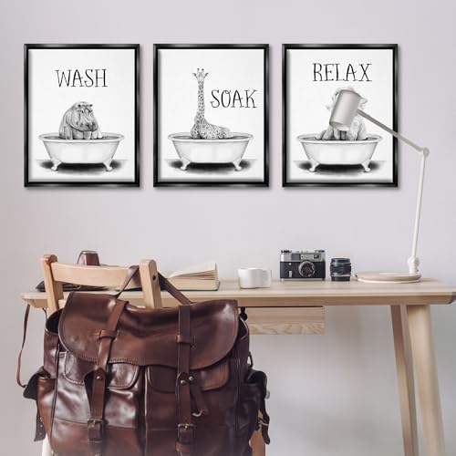 Image of Jungle Animals Bathroom Signage, 24 x 30 Inch Canvas in Floater Frame Set | Stupell Industries . By Rachel Nieman . Ready to hang . Great for bath and laundry . Made in USA