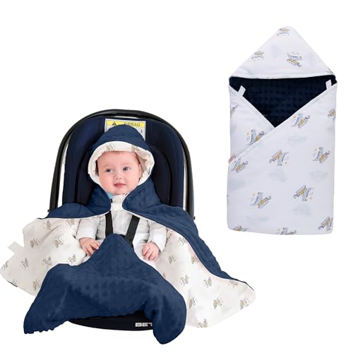 LAT LEE AND TOWN Winter Baby Car Seat Blanket-Universal CarSeat Covers for Babies,Thicken Warm Swaddle Blankets for Infants Newborn,Baby Bunting for Stroller,35"x35"(Car Dinosaur+Dark Blue)