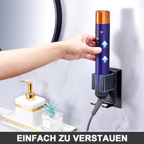 WAYASI Föhnhalter Wand, Föhn und Glätteisen Halterung Aufbewahrung, Fönhalterung Wa ndhalterung, Lockenstab Halterung für Fön, Selbstklebend Haartrocknerhalter Ohne Bohren (Schwarz, 1PC)