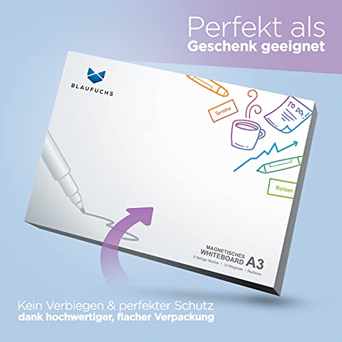 BLAUFUCHS ® – Whiteboard Magnetisch A3 – Abwischbare Magnettafel für Planung & Organisation – Inkl. 6 Marker & 22 Magnete – Wochenplaner für Familie, Büro, Küche und Kühlschrank