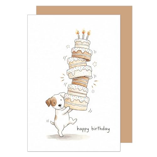 Edition Seidel Biglietto di auguri di compleanno con busta, biglietto di auguri con scritta in inglese dolce cucciolo di cane, torta di compleanno per uomo e donna (G3894 SW026)