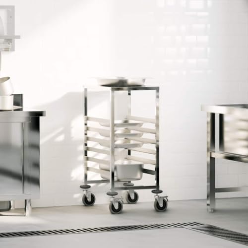 kithwjll Carro de acero inoxidable con 6 contenedores GN, 39 x 55 x 87 cm, ruedas con 4 ruedas giratorias y frenos, ahorra espacio, ideal para cocina, carrito de servir, espacio de almacenamiento y