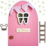 7GANSOS Puerta ratoncito Pérez ROSA de MADERA con estrellas LUMINISCENTES, escalera y repisa para dejar el diente. Decoración infantil de diseño.