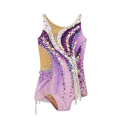 JoyCan Girl's Purple Suspender Sparkling Artistic Gymnastics Suit for Performance and Competition