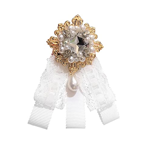 Image of Lace Ribbon Bow Tie Brooch Rhinestone Pearl Necktie for Girl Women Fashion jabot collar brooch pins Pre-Tied Corsage