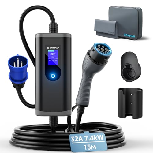 bokman Borne de Recharge Voiture Electrique 7kW, 6-32A | 7,4kW | 15 Mètre Type 2- Prise CEE P17 Portable EV Chargeur Station de Charge Mobile/Wallbox Ajustable