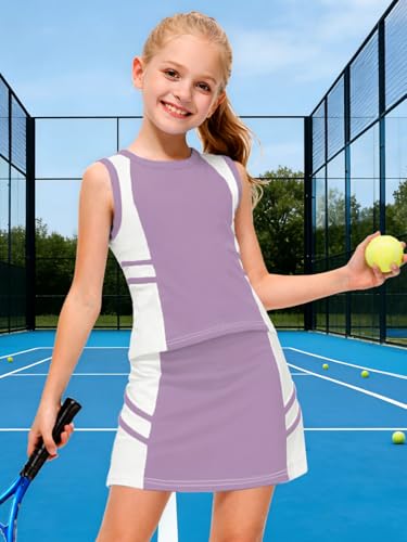 Image of AOBUTE Girls Tennis Golf Outfit Tank Top and Skirt with Shorts Set 4-12 Years