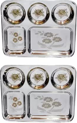 Image of WEKTU WKTU Rust-Resistant Stainless Steel 5 in 1 Lunch /Dinner /BHOJAN Thali with 5 Compartments Dinner Plate (Pack of 3)