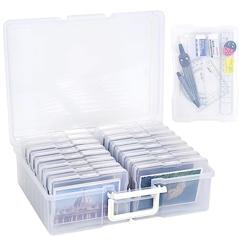 Ehuihuan Caja Almacenamiento Fotos, Organizador Fotos con 16 Cajas Internas, Cajas Almacenaje Plastico Fotos, Estuche Transparente Papelería, Cada 17x12x3cm, Total 38x31x13cm (Transparente)