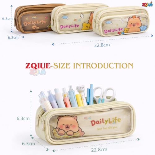 Image of Daily Life Cartoon Bear Pencil Pouch 3 Combo Set, Transparent Window Double Zipper Pen Case, Large Capacity Canvas Organizer for School, Kids, Teens & Office