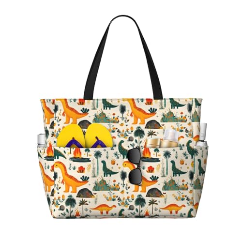 Large Beach Bags for Women Sandproof - Cute Cartoon Dinosaur Print Summer Travel Work Tote Bags with Zipper