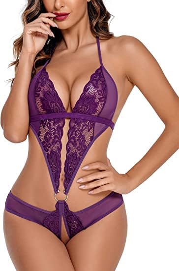 KRELINWomen's Lingerie One Piece Deep V Teddy Lace Bodysuit Plus Size Naughty Sleepwear for Valentine's Day (Free Size, Purple)