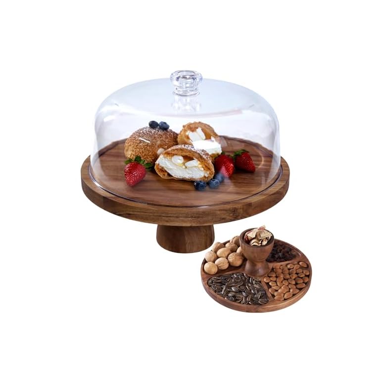 Cake Stand with Lid, Multi-Functional 12in Round Cake Holder, Acacia Wood 2-in-1 Dessert Table Display Set, Charcuterie Board for Cheese ,Fruit Platter, Large Acrylic Cake Dome Cover