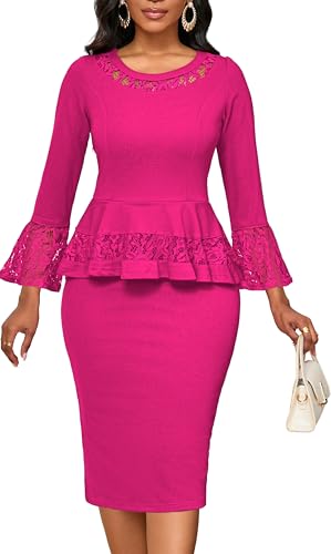 Image of Lace Dresses for Women Wedding Guest Elegant Long Sleeve Cocktail Business Knee Length Pencil Dress