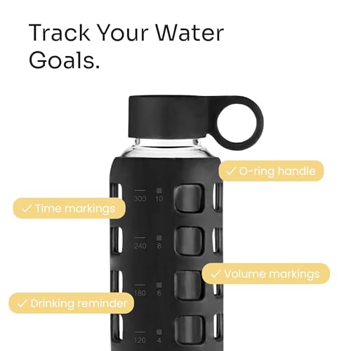 purifyou 40oz / 32oz / 22oz / 12oz Borosilicate Glass Water Bottle with Time & Volume Markers, Silicone Sleeve, Stainless Steel Lid | Reusable Glass Bottle for Water & Juice (12oz JetBlack)