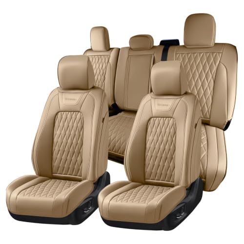 Image of Coverado Premium Leather Truck Seat Covers Full Set - Custom Fit, Waterproof, Heavy Duty, Anti-Spill, Scratch Resistant Protector for Ford F150 2015-2026, F250-F450, Beige