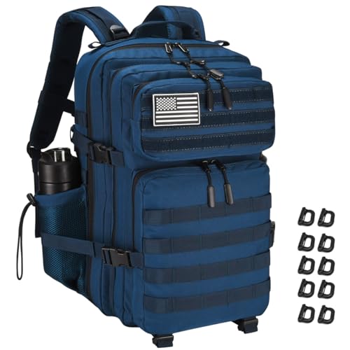 Mochila tática militar 45L grande para homens, mochila de caminhada com suporte de garrafa, Azul escuro, 40L, Caminhadas, trekking