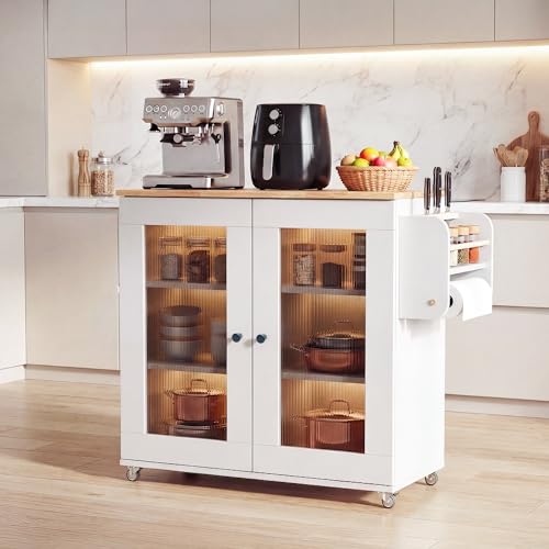 Image of Rocco Walky Kitchen Island Storage Cabinet with Wheels, Solid Rubber Wood Top, Fluted Acrylic Doors, Built-in Power Sockets & LED Lights, Soft-Close Hinges & Side Organizer (White, Medium Size)