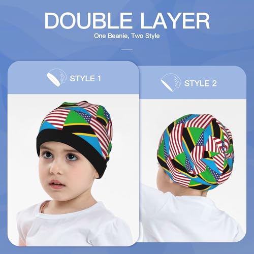American Flag and Tanzania Flag Kids Leisure Elastic Knitted Hat Junior Large Size Knit Cap Child Beanie Black3