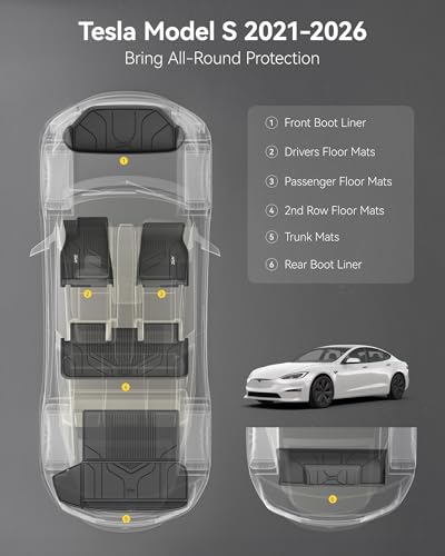 Image of 3W Floor Mats & Cargo Liner Fit for Tesla Model S 2021-2025 | All Weather TPE Custom Fit Floor Liners for 1-3 Rows and Trunk Full Set Car Mats, Model S Accessories, Black