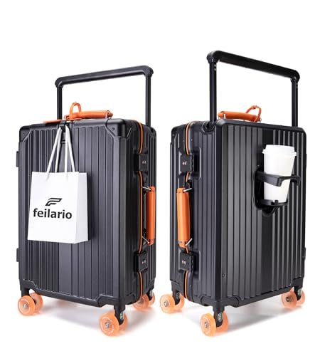 feilario-20-Aluminum-Frame-Wide-Handle-Hard-Shell-Carry-On-Suitcase-Vivid-Colors-Double-Spinner-Wheels-Airline-Approved-Rolling-Luggage-with-TSA-Lock-Cup-Holder-Black-20in feilario 20" Aluminum Frame Wide Handle Hard Shell Carry On Suitcase - Vivid Colors Double Spinner Wheels Airline Approved Rolling Luggage with TSA Lock & Cup Holder (Black, 20in) - Image 1