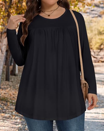 JOELLYUS Plus Size Tops for Women Fall Long Sleeve Shirts Flowy Tunic Top Pleated Casual Blouses Loose Fit Winter Tees4