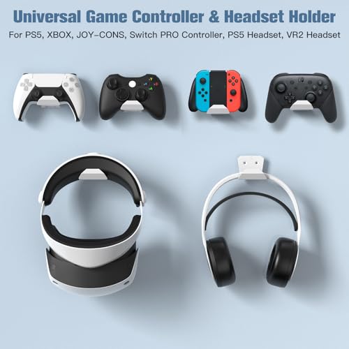 Image of KUNSLUCK 4 Pack Controller Wall Mount for PS5, Xbox, Switch Controller, Wall Mount Stand for Controller&Headset, Adhesive /Screws Installation (White)