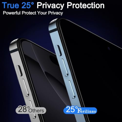 Image of Ferilinso Privacy Screen Protector for iPhone 16 Pro, Tempered Glass | 3 Pack, 9H Hardness, Military-Grade Shatterproof, Case Friendly, Easy Installation Bubble Free, with Camera Lens Protectors