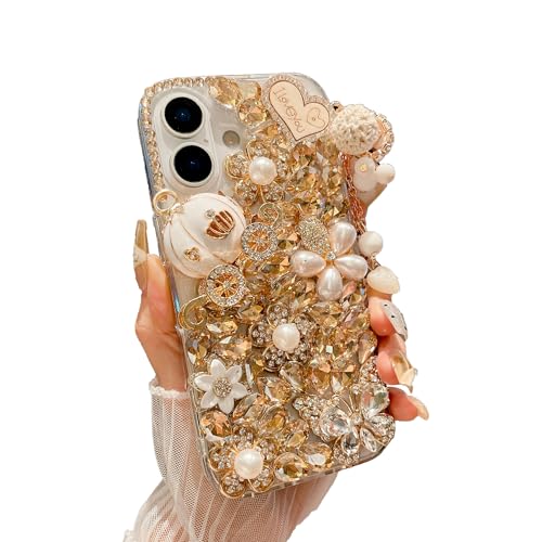 iFiLOVE for iPhone 17 Bling Diamond Case, 3D Luxury Sparkle Glitter Crystal Rhinestone Butterfly Flower Pendant Charm Case Cover for Girls Women Kids (Champagne)
