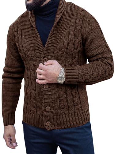 Makkrom Mens Cardigan Shawl Collar Sweater Button Up Slim Fit Cable Knit Long Sleeve Sweater Brown cover
