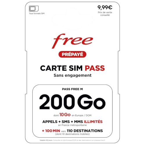 Carte SIM Free Pass M : Forfait 200 Go 5G Ultra-Data + Appels/SMS Illimités & 10 Go depuis l’Europe – Offre Mobile Sans Engagement