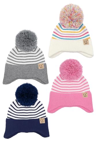 ScarvesMe Exclusive Winter Soft Baby Stripe Earflap Yarn Pom Beanie Winter Hat3