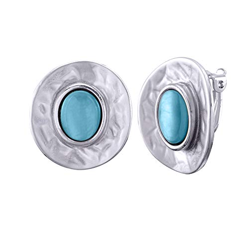 Clip On Turquoise Stud Earrings - Antique Silver Big Disc