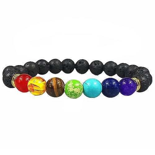 Clataly Colorful Energy Bracelet 8 mm Natural Volcano Stone Tiger Eye Stone Blue Pine Stone Elastic Bracelets for Women and Men (Volcanic rocks)