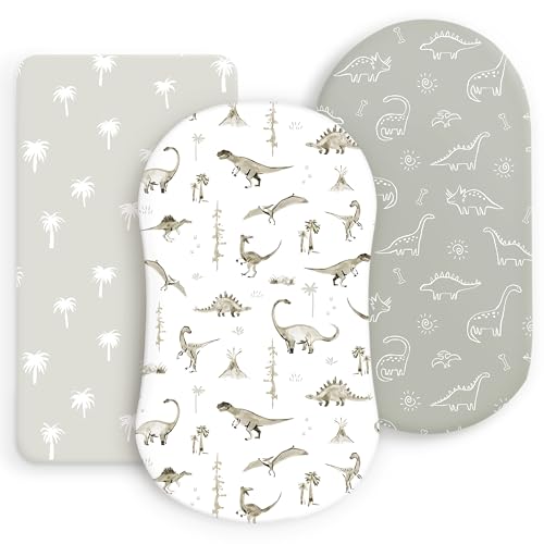 Image of Stretchy Ultra Soft Fitted Bassinet Sheets 3 Pack, Universal Fitted for Baby Cradle Moses Basket Oval Rectangle Mattress Safe and Snug, Bassinet Fitted Sheets for Boy, Dinosaur Print