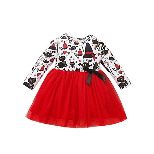 Toddler Baby Girl Halloween Dress Ruffle Long Sleeve Pumpkin Print Patchwork Dresses Playwear Fall Winter Outfit (Tulle Red-Witch,18-24 Months)