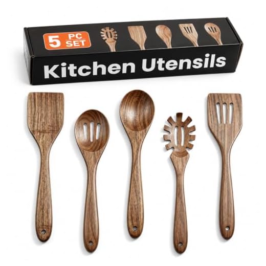 Wooden Spoons for Cooking - 5 Piece Non Stick Wooden Spoon Set - Natural Wood Kitchen Utensils - Wooden Spoons, Spatula Set, Slotted Spoon & Pasta Spoon - Handmade Acacia Wooden Spoon Set