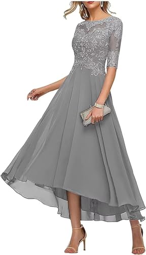 DOYMENY Women's Tea Length Mother of The Bride Dresses for Wedding 3/4 Sleeve Lace Applique Silver A Line Evening Gown 16