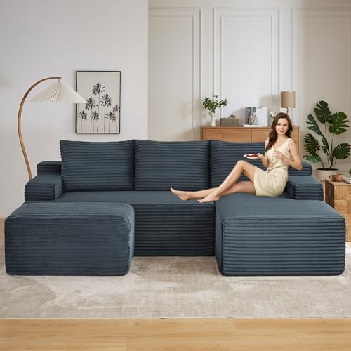 Image of 96 inch U-Shape Cloud Couch, Modern Modular Sectional L-Shape Sofa with Ottoman, Corduroy Upholstered Couches Deep Seat Sleeper Chaise Longue for Living Room, No Assembly Required(Dark Gray, Right Facing)